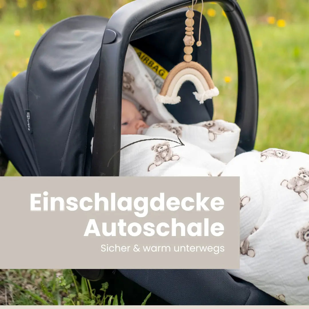 Einschlagdecke für Babyschale aus Musselin Teddybär | ganzjährig & leicht 2.5 TOG