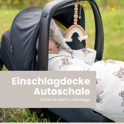 Einschlagdecke für Babyschale aus Musselin Teddybär | ganzjährig & leicht 2.5 TOG