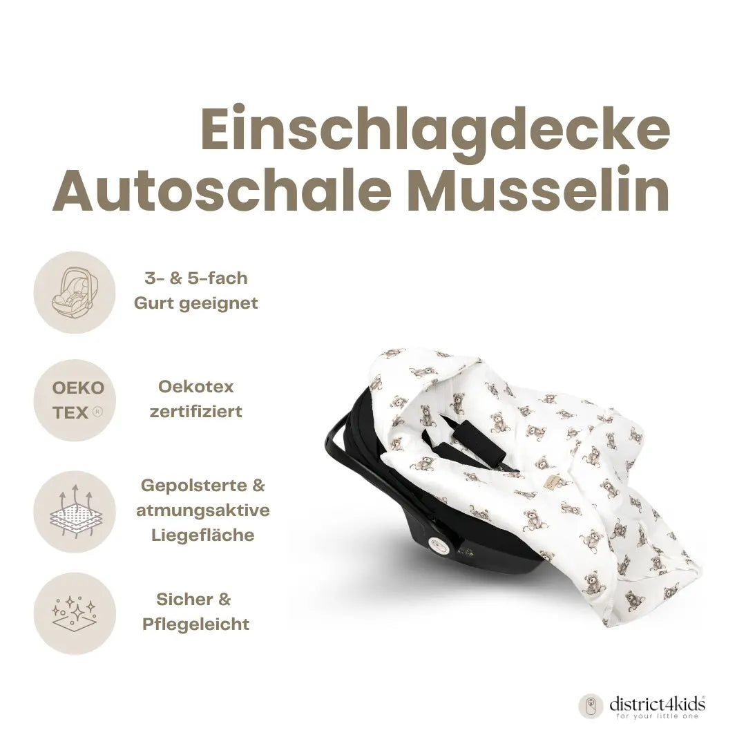 Einschlagdecke für Babyschale aus Musselin Teddybär | ganzjährig & leicht 2.5 TOG