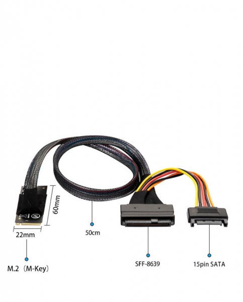 SYSTEM-S M.2 (M-Key) zu U.2 SFF-8639 NVMe Adapter-Kabel – 50 cm – mit SATA-Stromanschluss