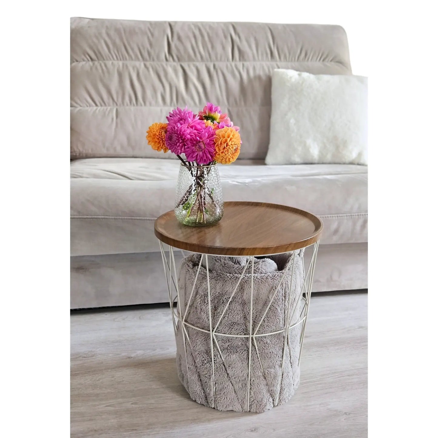 Beistelltisch warmes grau Nussbaum Rund Couchtisch 37x40 cm Metall Holz