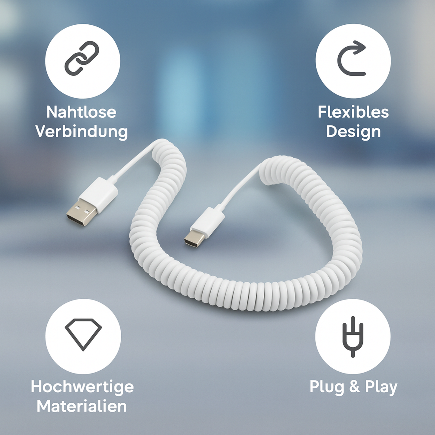 System-S Spiralkabel USB-C auf USB-A (USB 2.0-kompatibel), 100–200 cm, Weiß