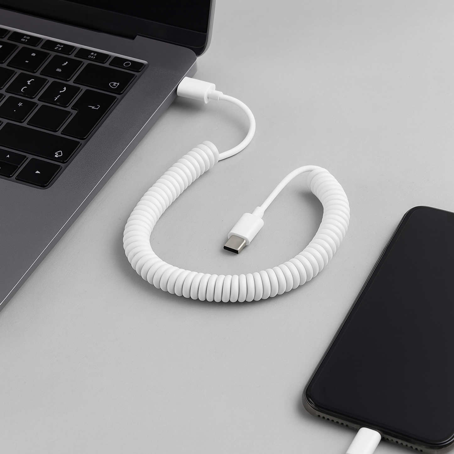 System-S Spiralkabel USB-C auf USB-A (USB 2.0-kompatibel), 100–200 cm, Weiß