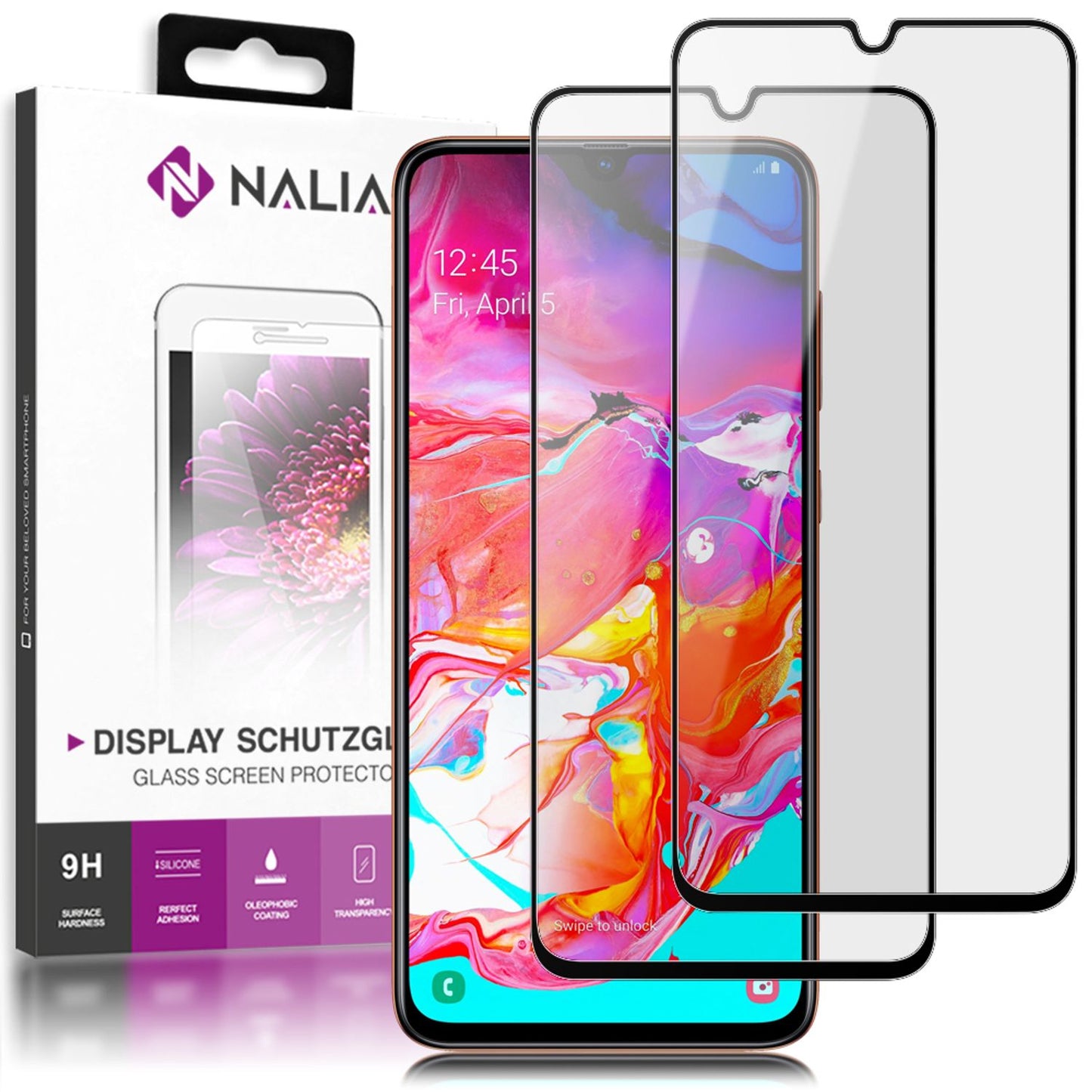 NALIA (2-Pack) Schutzglas kompatibel mit Samsung Galaxy A70, 9H Full-Cover Screen Display Schutz, Handy Schutzfolie Bildschirm-Abdeckung Schutz-Film Protector Tempered Glass - Transparent Schwarz