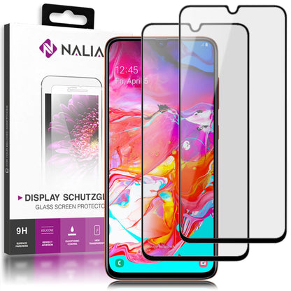 NALIA (2-Pack) Schutzglas kompatibel mit Samsung Galaxy A70, 9H Full-Cover Screen Display Schutz, Handy Schutzfolie Bildschirm-Abdeckung Schutz-Film Protector Tempered Glass - Transparent Schwarz