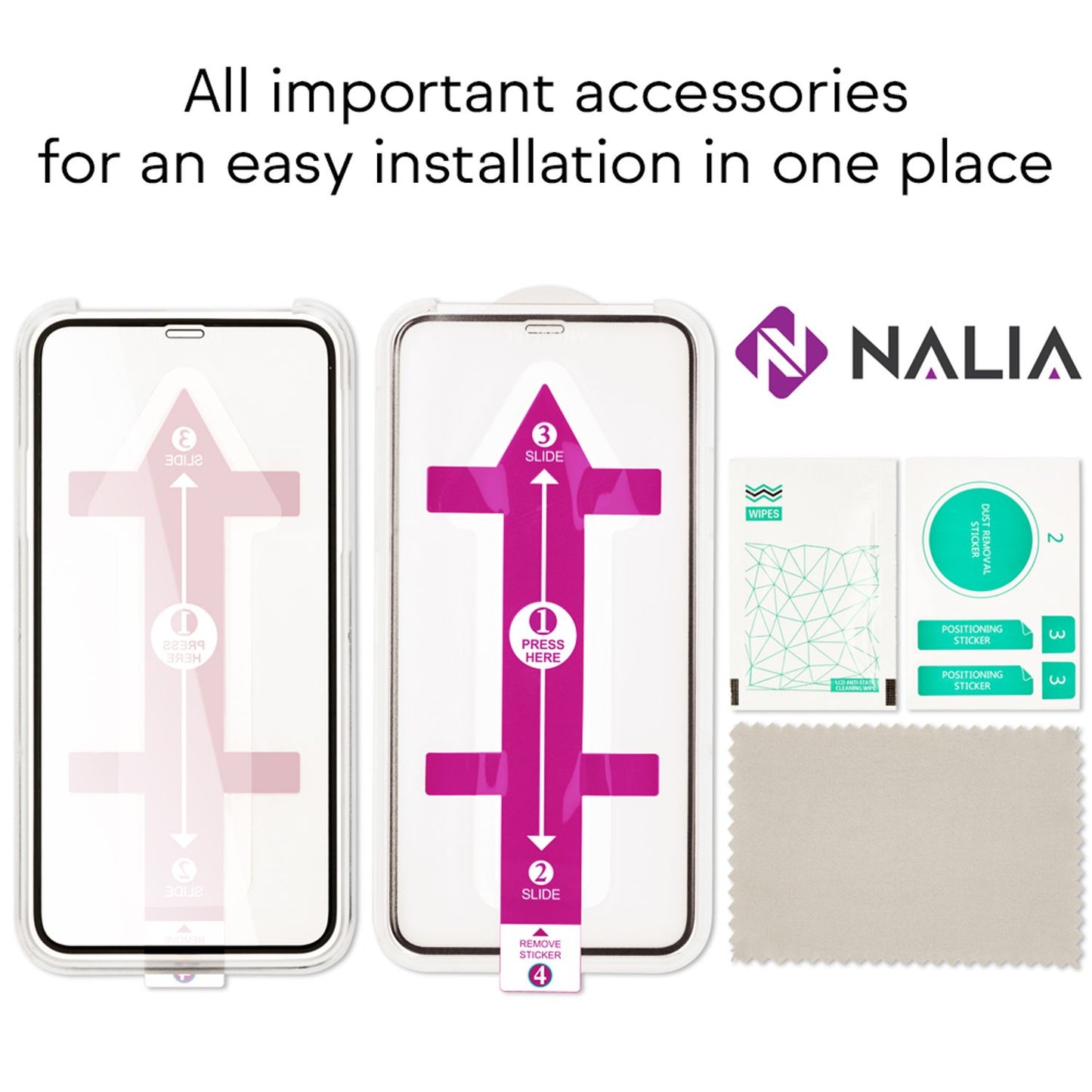NALIA (2x) Schutzglas & Applikator kompatibel mit iPhone 11 Pro/ X/ Xs, 9H Glasfolie mit Schablone für einfache Installation, hoher Handy Displayschutz Hartglas Abdeckung Tempered Glass - Transparent