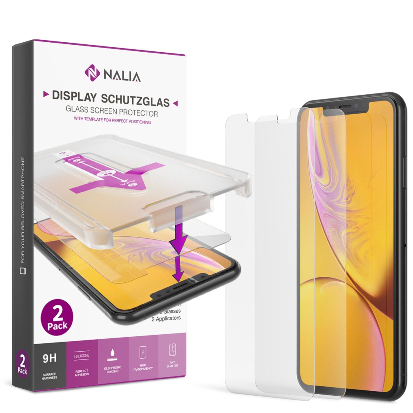NALIA (2x) Schutzglas & Applikator - Set kompatibel mit iPhone 11 / Xr, 9H Glasfolie mit Schablone für einfache Installation, hoher Handy Displayschutz Hartglas LCD Film Tempered Glass - Transparent