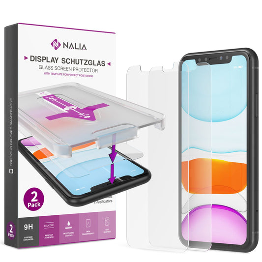 NALIA (2x) Glas & Applikator kompatibel mit iPhone 11 Pro Max / Xs Max, 9H Glasfolie mit Schablone für einfache Installation, hoher Handy Displayschutz Tempered Glass Schutzglas Clear - Transparent