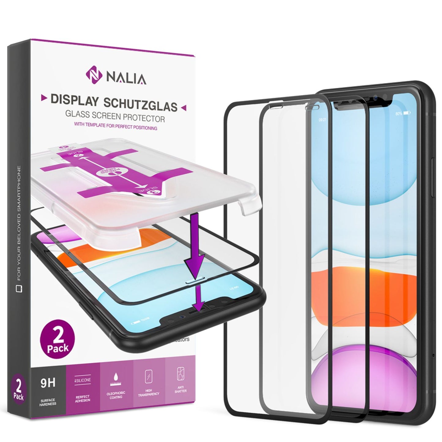 NALIA (2x) Schutzglas & Applikator kompatibel mit iPhone 11 Pro/ X/ Xs, 9H Full-Screen Glasfolie mit Schablone für einfache Installation, Handy Displayschutz Tempered Glass - Transparent (schwarz)