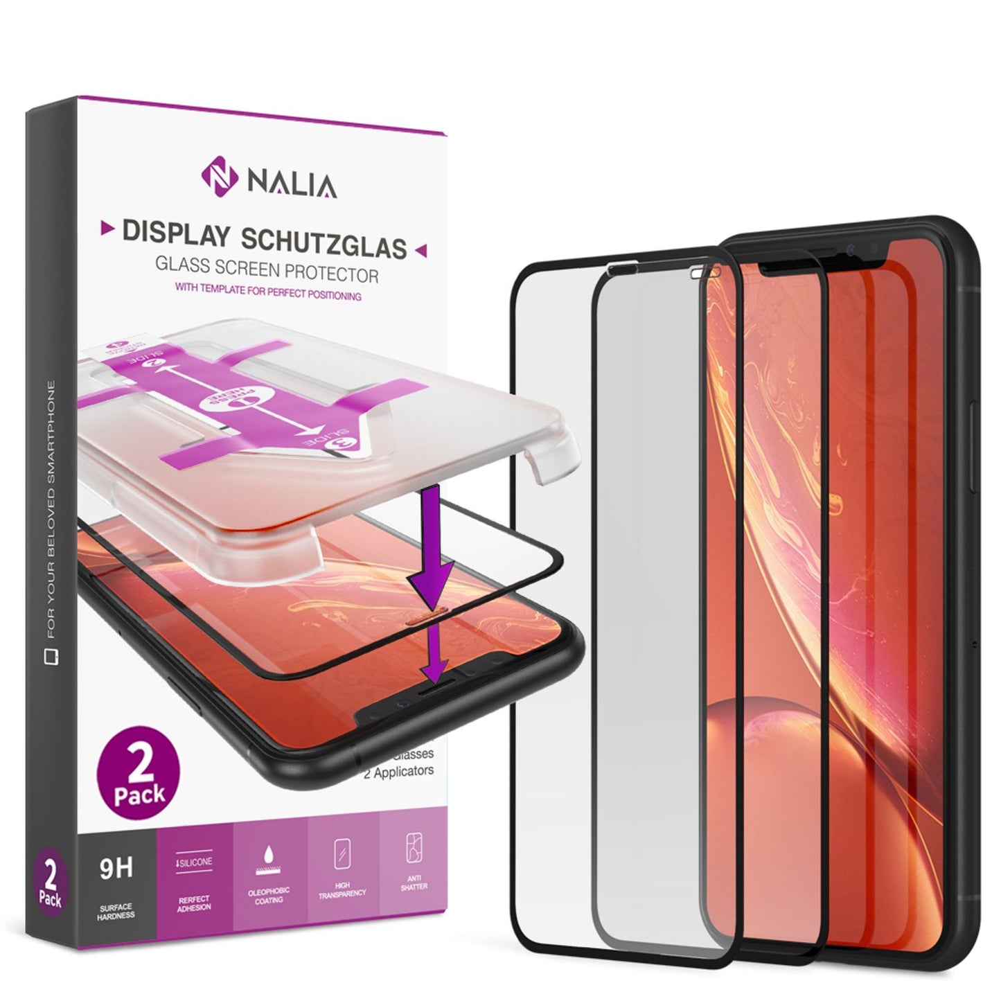NALIA (2x) Schutzglas & Applikator kompatibel mit iPhone 11 / Xr, 9H Full-Screen Glasfolie mit Schablone für einfache Installation, hoher Handy Displayschutz Tempered Glass - Transparent (schwarz)