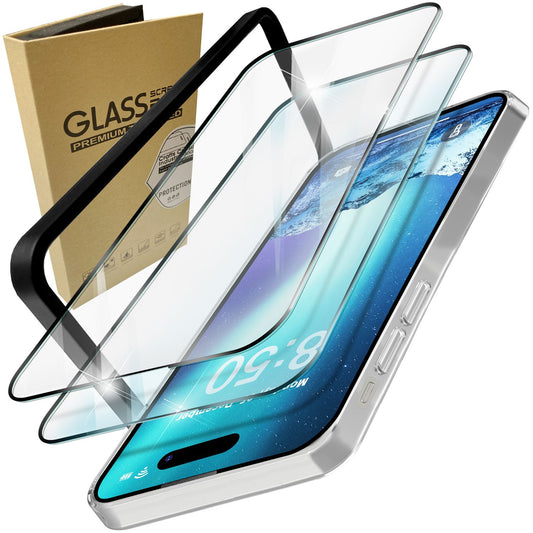 NALIA 2x Schutzglas & 1x Schablone - Set kompatibel mit iPhone 15 Pro Max Glas, 9H Full-Screen Glasfolie [Case-Friendly] Applikator einfache Installation, Displayschutz Transparent mit schwarzem Rand