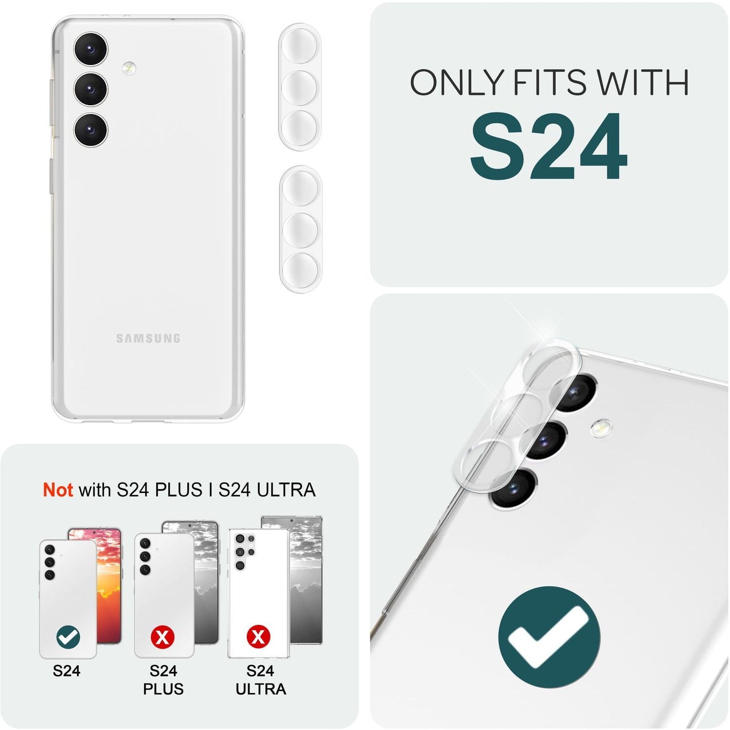 NALIA [2 Stück] Kamera-Schutzglas kompatibel mit Samsung Galaxy S24 Glas, Klarer Kratzfester Linsen-Schutz für Rückkamera, Gehärtete Glasfolie mit Zwischenraum-Abdeckung, Transparenter Kameraschutz