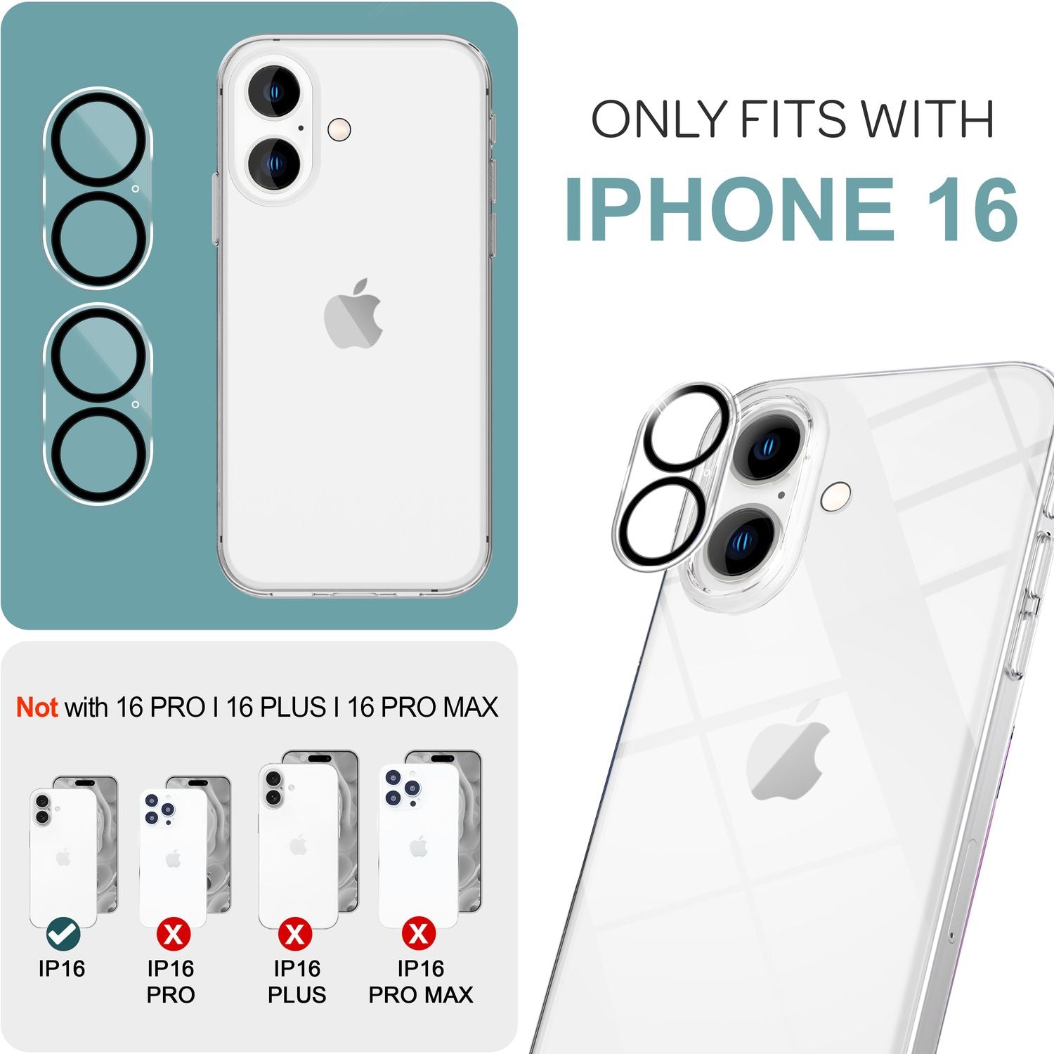 NALIA 2x Kamera Schutzglas für iPhone 16, Klarer Linsenschutz für Rückkamera, Transparenter Kameraschutz, Kameraglas NALIA Berlin