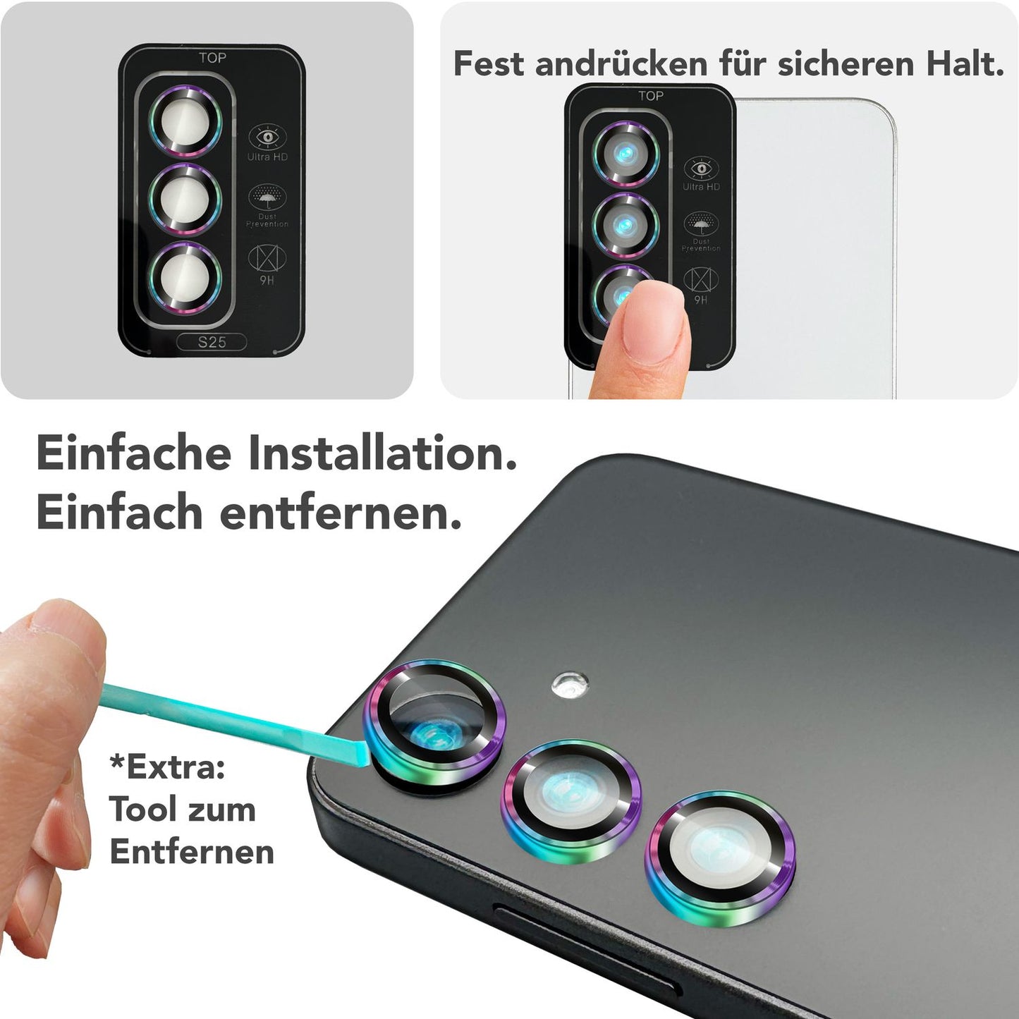 NALIA Glas Kameraschutzringe für Samsung Galaxy S25 – Linsenschutz & Case Friendly – FOCUS.PRO CLX (9H Härtegrad & Montagerahmen) – Marke aus Berlin