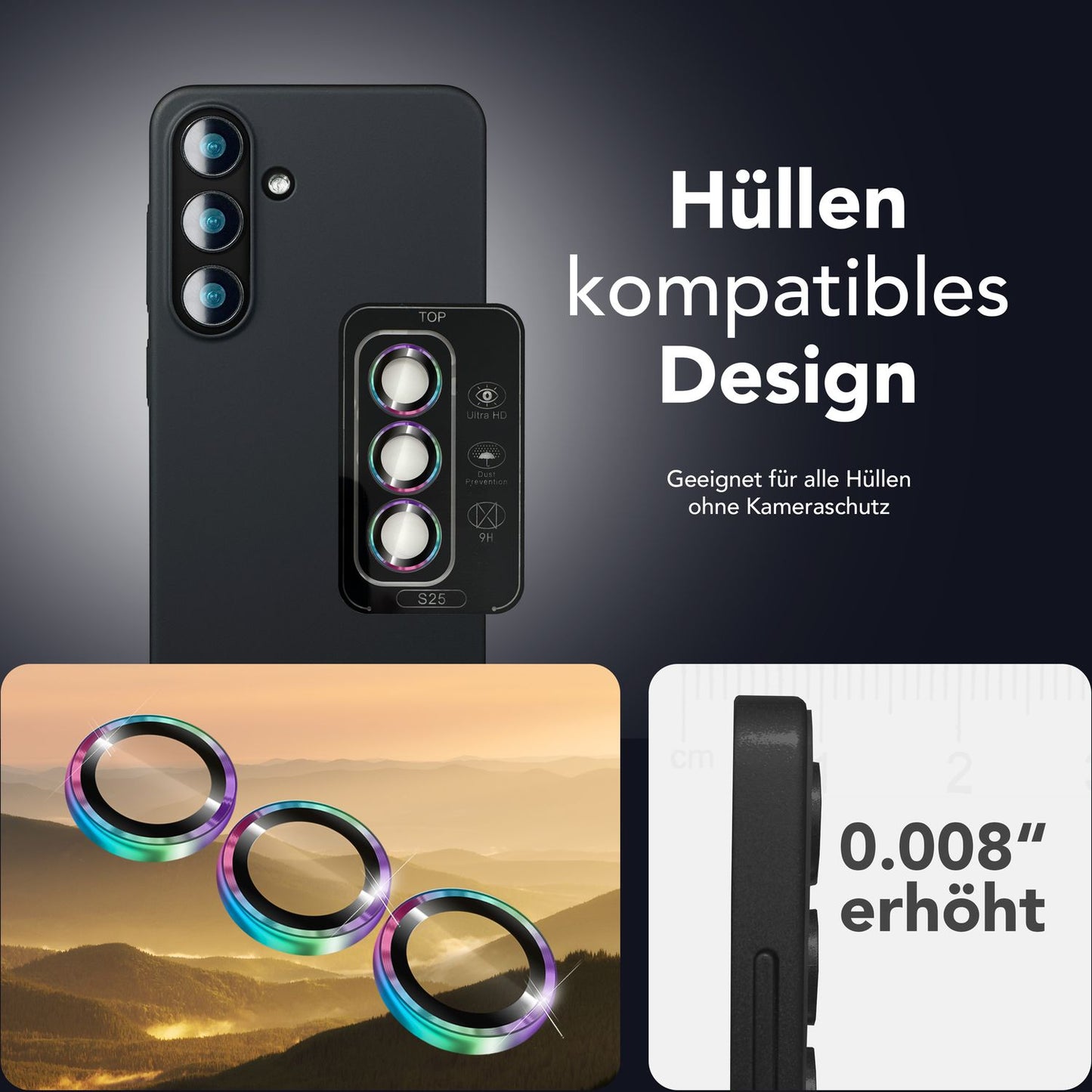 NALIA Glas Kameraschutzringe für Samsung Galaxy S25 – Linsenschutz & Case Friendly – FOCUS.PRO CLX (9H Härtegrad & Montagerahmen) – Marke aus Berlin