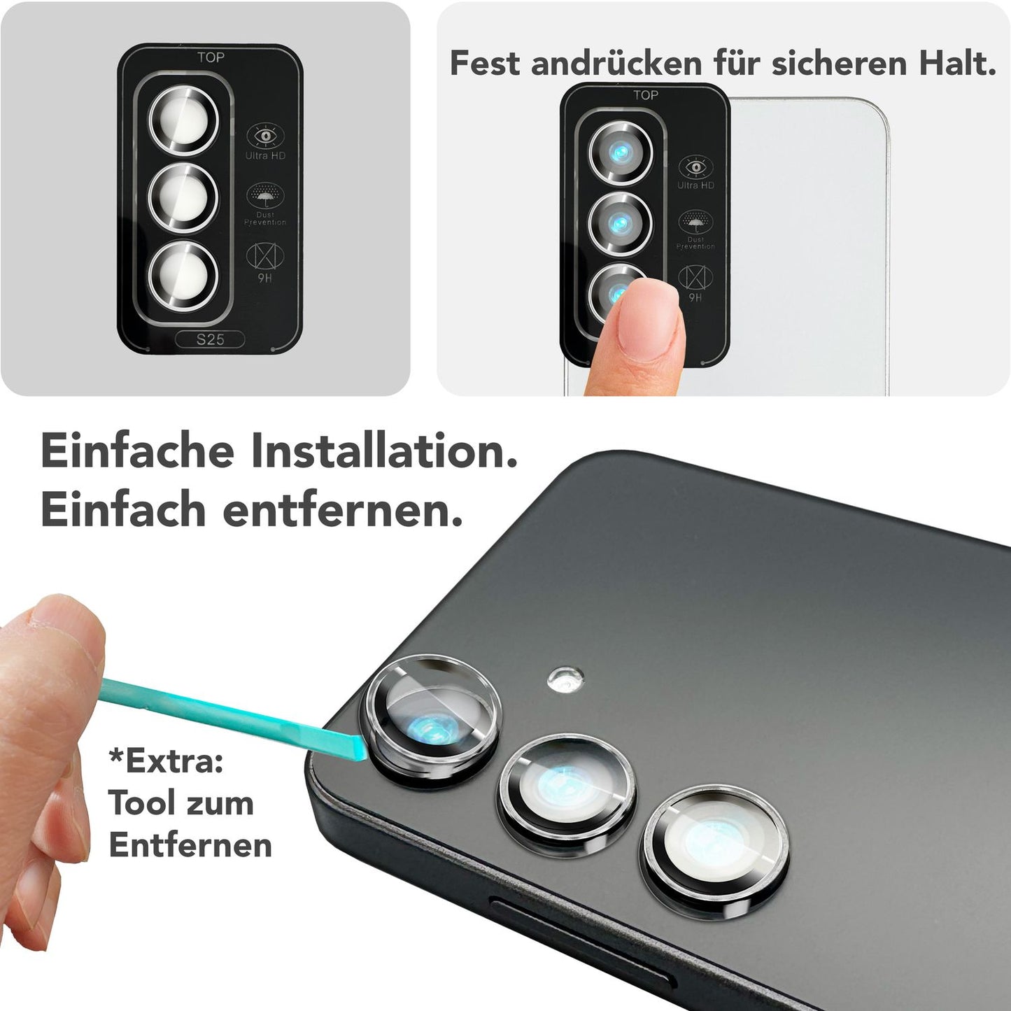 NALIA Glas Kameraschutzringe für Samsung Galaxy S25 – Linsenschutz & Case Friendly – FOCUS.PRO CLX (9H Härtegrad & Montagerahmen) – Marke aus Berlin