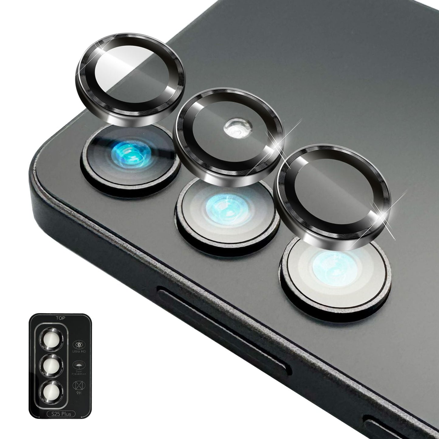 NALIA Glas Kameraschutzringe für Samsung Galaxy S25 Plus – Linsenschutz & Case Friendly – FOCUS.PRO CLX (9H Härtegrad & Montagerahmen) – Marke aus Berlin