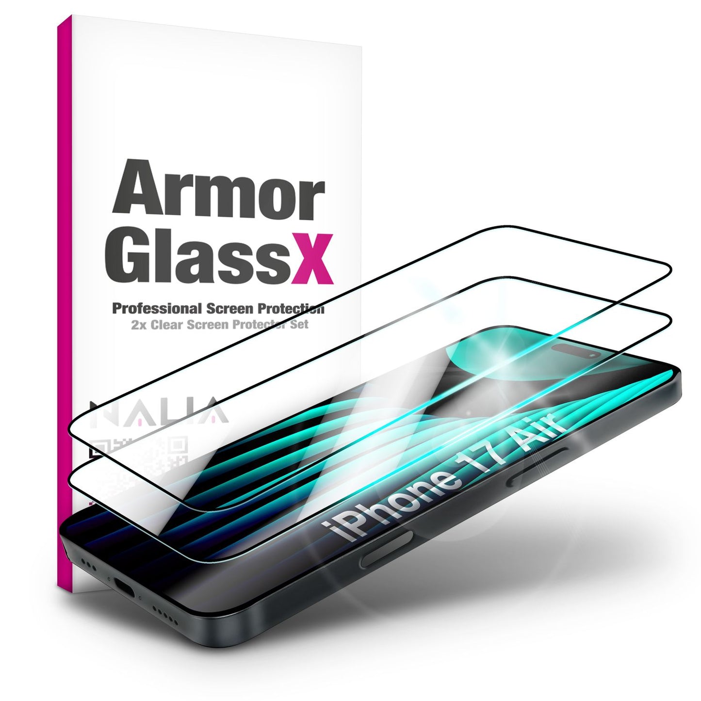 NALIA ArmorGlassX passend für Apple iPhone 17 Air Glas (super klarer Displayschutz), 2x Schutzglas 9H Härte, Kratzfest, Splitterfrei, Case-friendly, Touch-sensitiv, Anti-Schlieren, schwarzer Rahmen
