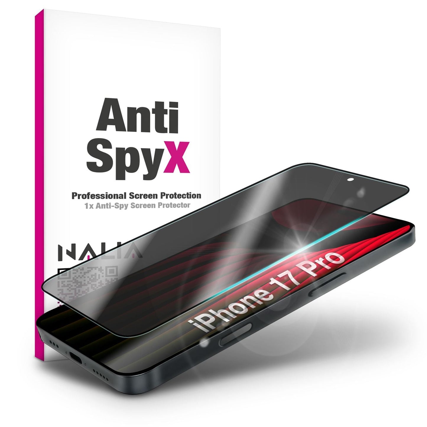 NALIA AntiSpyX passend für Apple iPhone 17 Pro Glas (Diskreter Blickschutz), Privacy Schutzglas mit 9H Härte, Anti-Spy Sichtschutz, Kratzfest, Touch-sensitiv, Blasenfrei, Oleophob, Hüllen-freundlich