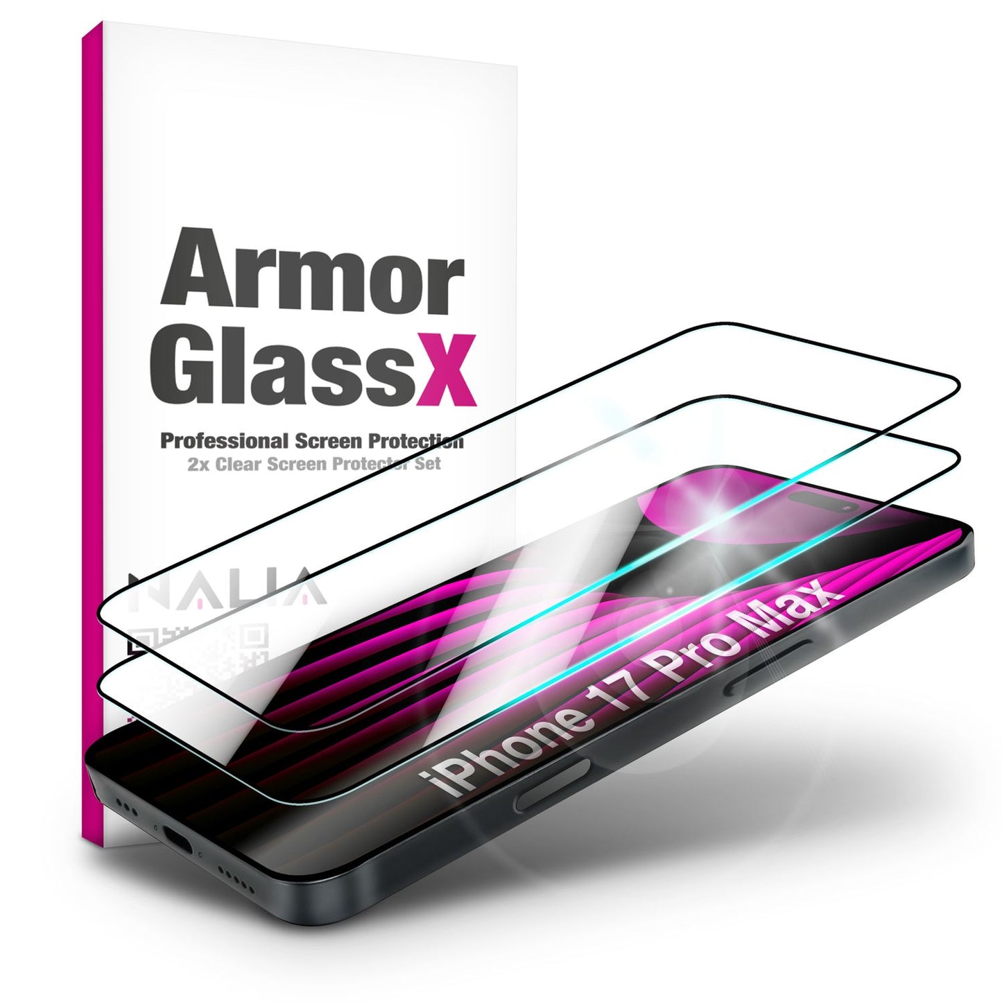 NALIA ArmorGlassX passend für Apple iPhone 17 Pro Max Glas (super klarer Displayschutz), 2x Schutzglas 9H gehärtet, Kratzfest, Touch-optimiert, Hüllen-kompatibel, Anti-Fingerabdruck, schwarzer Rahmen