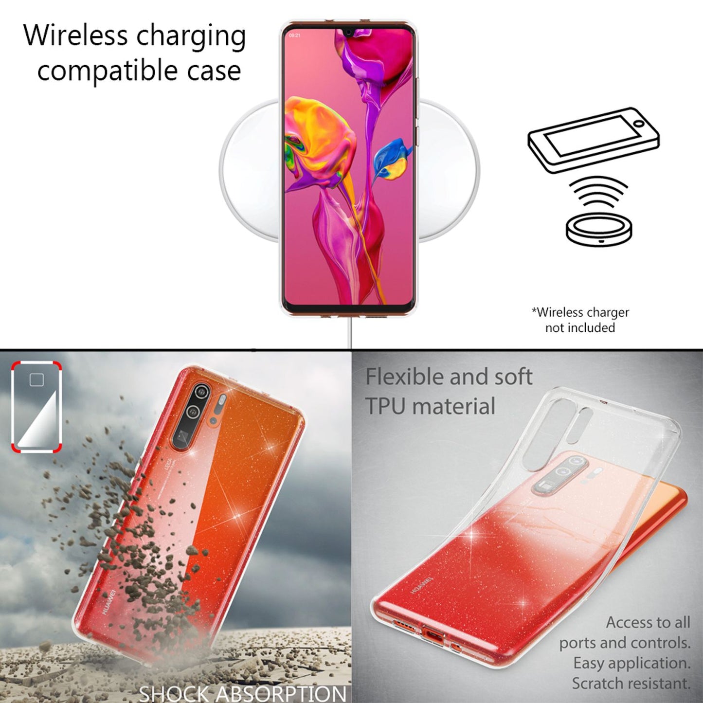 NALIA Glitzerhülle für Huawei P30 Pro – Funkelndes Silikon Case – DAZZLIN (Transparent & Stoßfest) – Marke aus Berlin