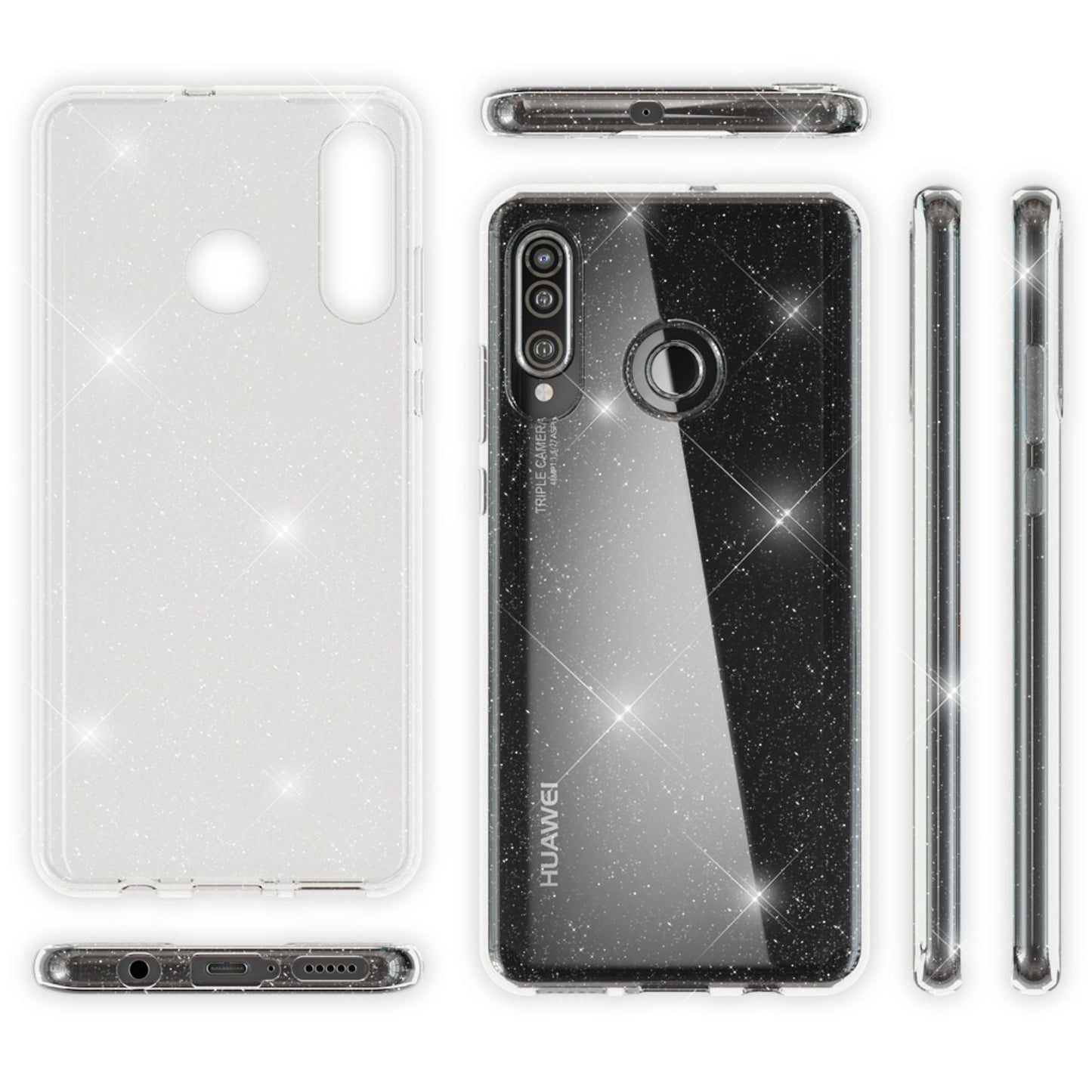 NALIA Glitzerhülle für Huawei P30 Lite – Funkelndes Silikon Case – DAZZLIN (Transparent & Stoßfest) – Marke aus Berlin