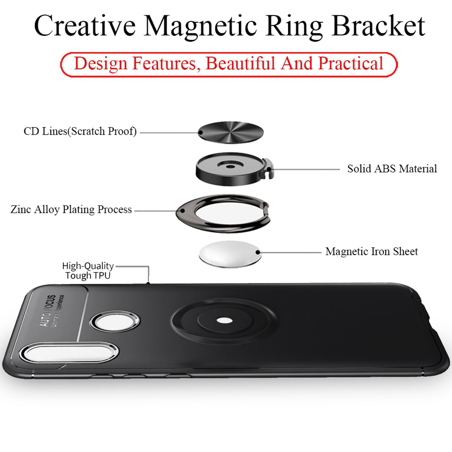 NALIA Ring Hülle kompatibel mit Huawei P smart 2019, Magnetische Silikon Handyhülle für KFZ-Halterung 360-Grad Finger-Halter, Kickstand Cover Dünne Schutzhülle Ständer Case Slim Etui Bumper - Schwarz