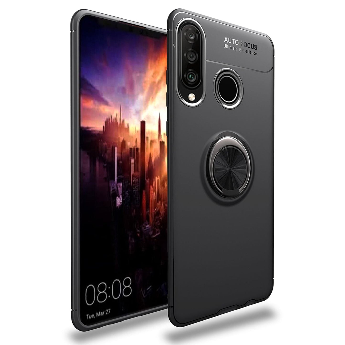 NALIA Ring Hülle kompatibel mit Huawei P30 Lite, Magnetische Silikon Handyhülle für KFZ-Halterung 360-Grad Finger-Halter, Dünnes Kickstand Cover Schutzhülle Ständer Case Slim Etui Bumper - Schwarz