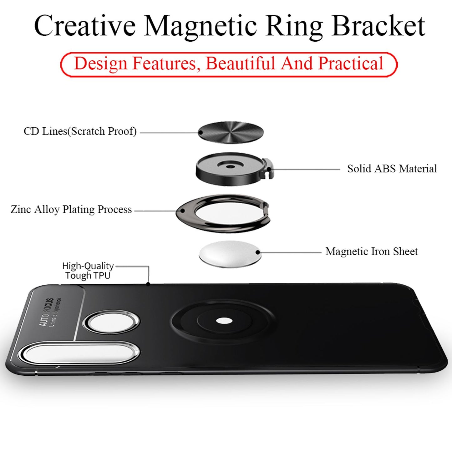 NALIA Ring Hülle kompatibel mit Huawei P30 Lite, Magnetische Silikon Handyhülle für KFZ-Halterung 360-Grad Finger-Halter, Dünnes Kickstand Cover Schutzhülle Ständer Case Slim Etui Bumper - Schwarz