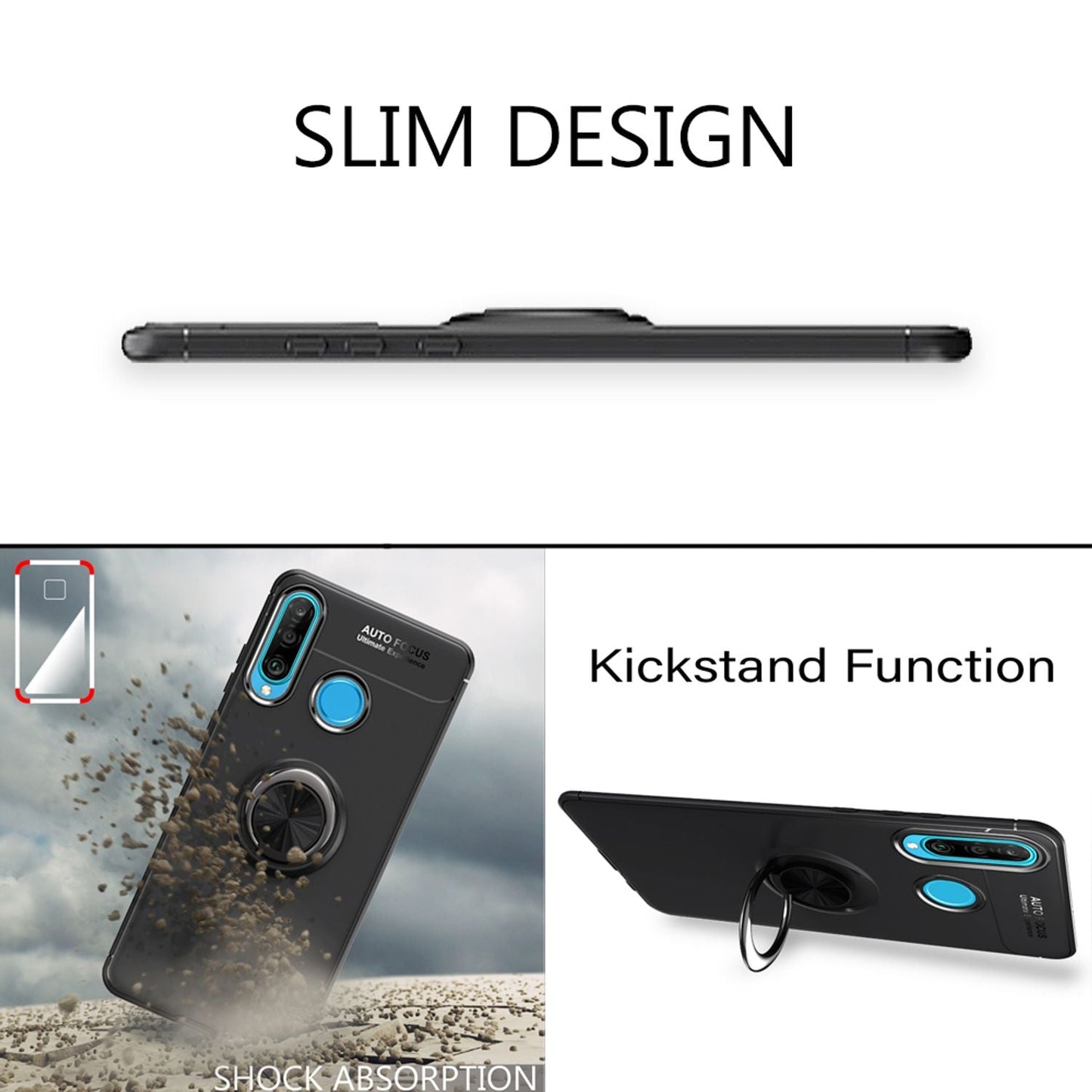 NALIA Ring Hülle kompatibel mit Huawei P30 Lite, Magnetische Silikon Handyhülle für KFZ-Halterung 360-Grad Finger-Halter, Dünnes Kickstand Cover Schutzhülle Ständer Case Slim Etui Bumper - Schwarz