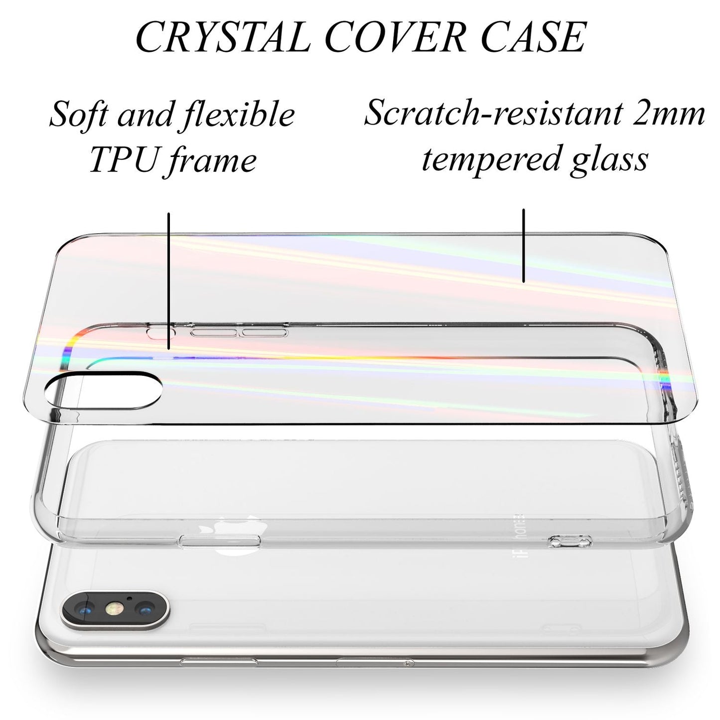 NALIA Hartglas Hülle kompatibel mit iPhone X / XS, Transparentes Regenbogen Hardcase aus Tempered Glass mit Silikon Bumper, bunt glänzende stoßfeste & kratzfeste Handyhülle