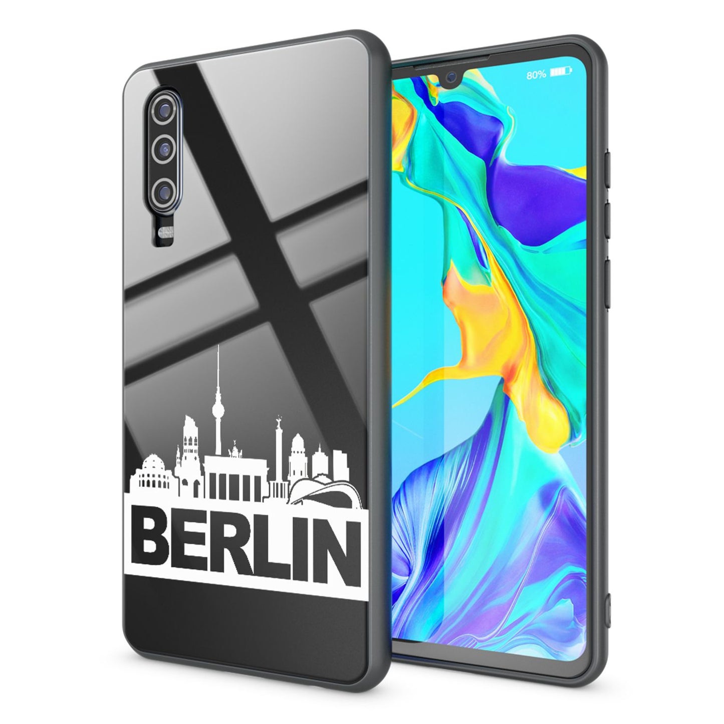 NALIA Hartglas Hülle kompatibel mit Huawei P30, Original Berlin Design Motiv Hardcase aus 9H Tempered Glass & Silikon Bumper, Kratzfeste Handyhülle Cover Case