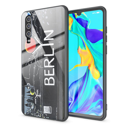 NALIA Hartglas Hülle kompatibel mit Huawei P30, Original Berlin Design Motiv Hardcase aus 9H Tempered Glass & Silikon Bumper, Kratzfeste Handyhülle Cover Case
