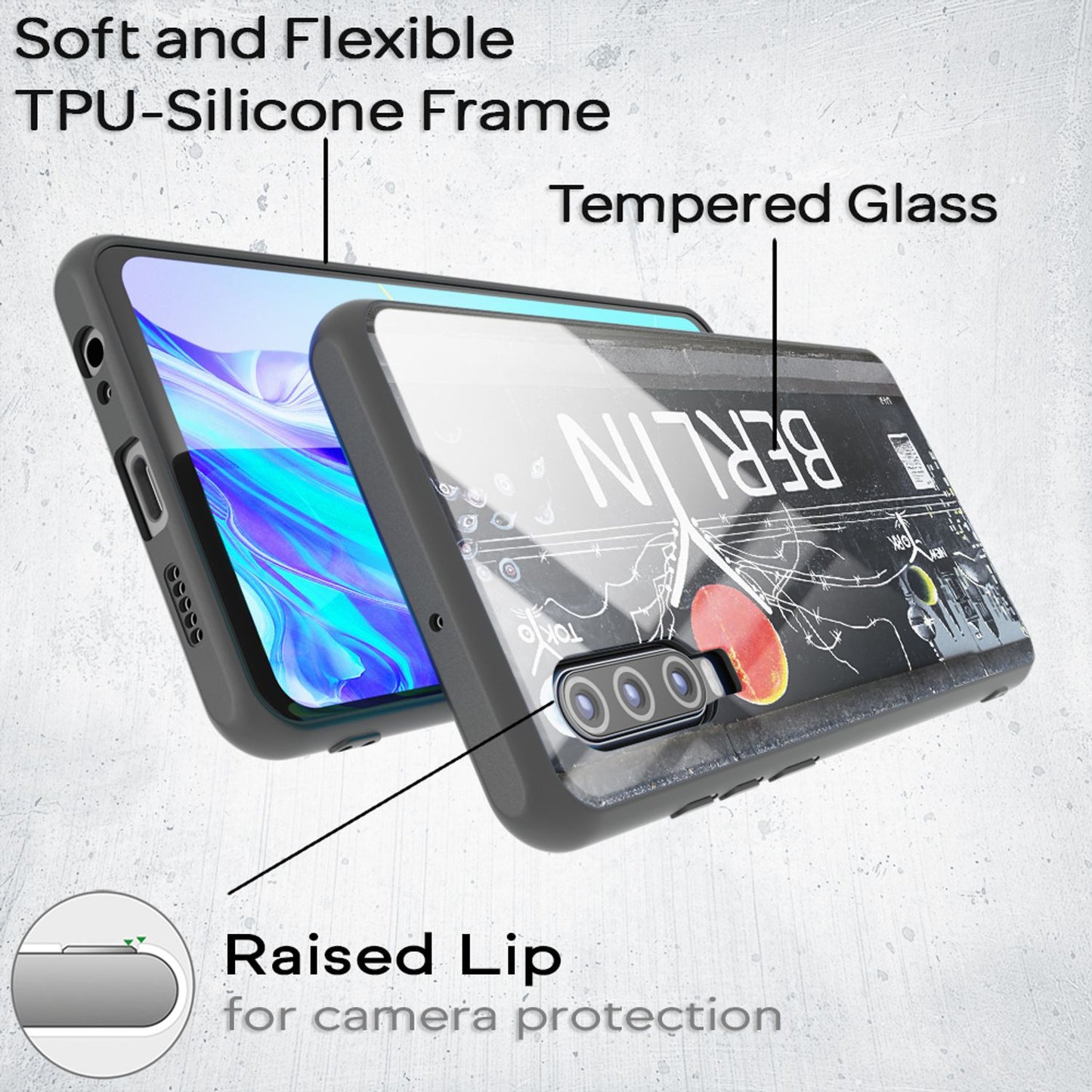 NALIA Hartglas Hülle kompatibel mit Huawei P30, Original Berlin Design Motiv Hardcase aus 9H Tempered Glass & Silikon Bumper, Kratzfeste Handyhülle Cover Case