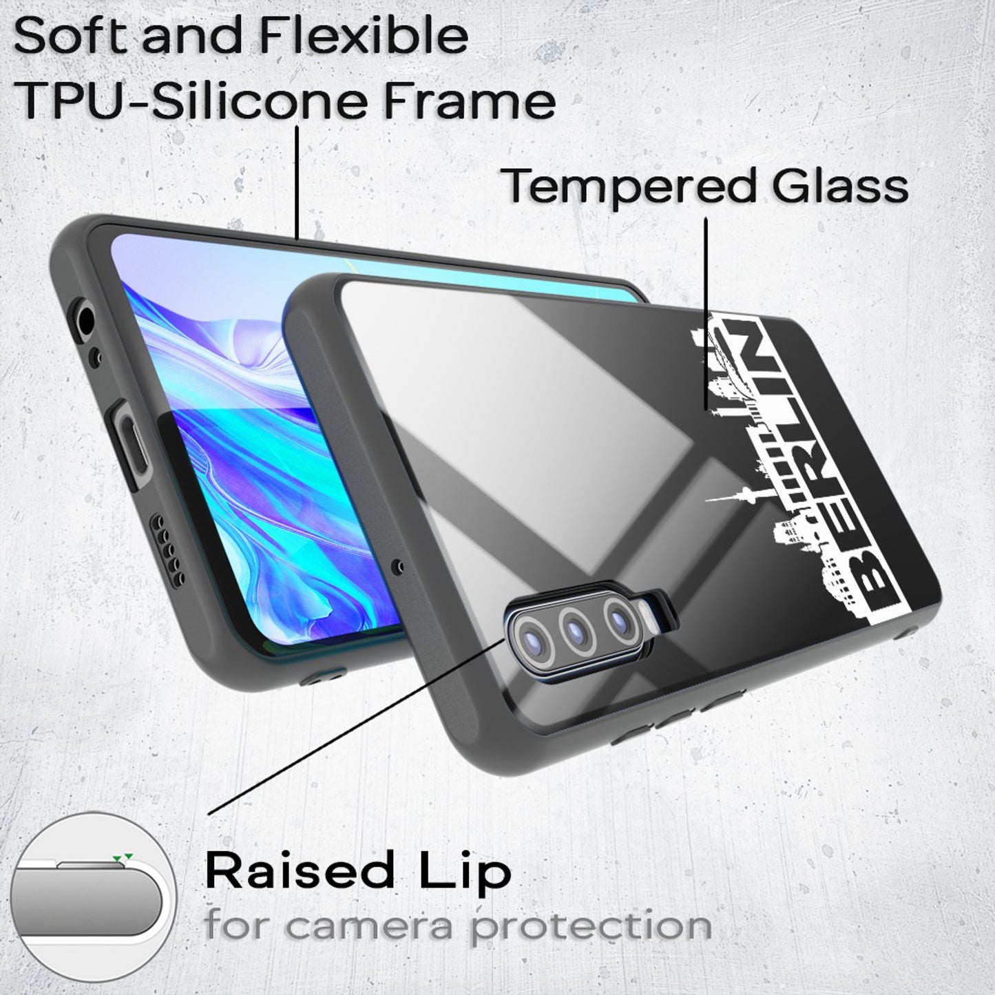 NALIA Hartglas Hülle kompatibel mit Huawei P30, Original Berlin Design Motiv Hardcase aus 9H Tempered Glass & Silikon Bumper, Kratzfeste Handyhülle Cover Case