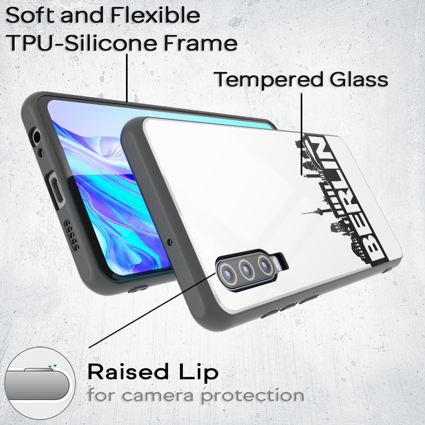 NALIA Hartglas Hülle kompatibel mit Huawei P30, Original Berlin Design Motiv Hardcase aus 9H Tempered Glass & Silikon Bumper, Kratzfeste Handyhülle Cover Case
