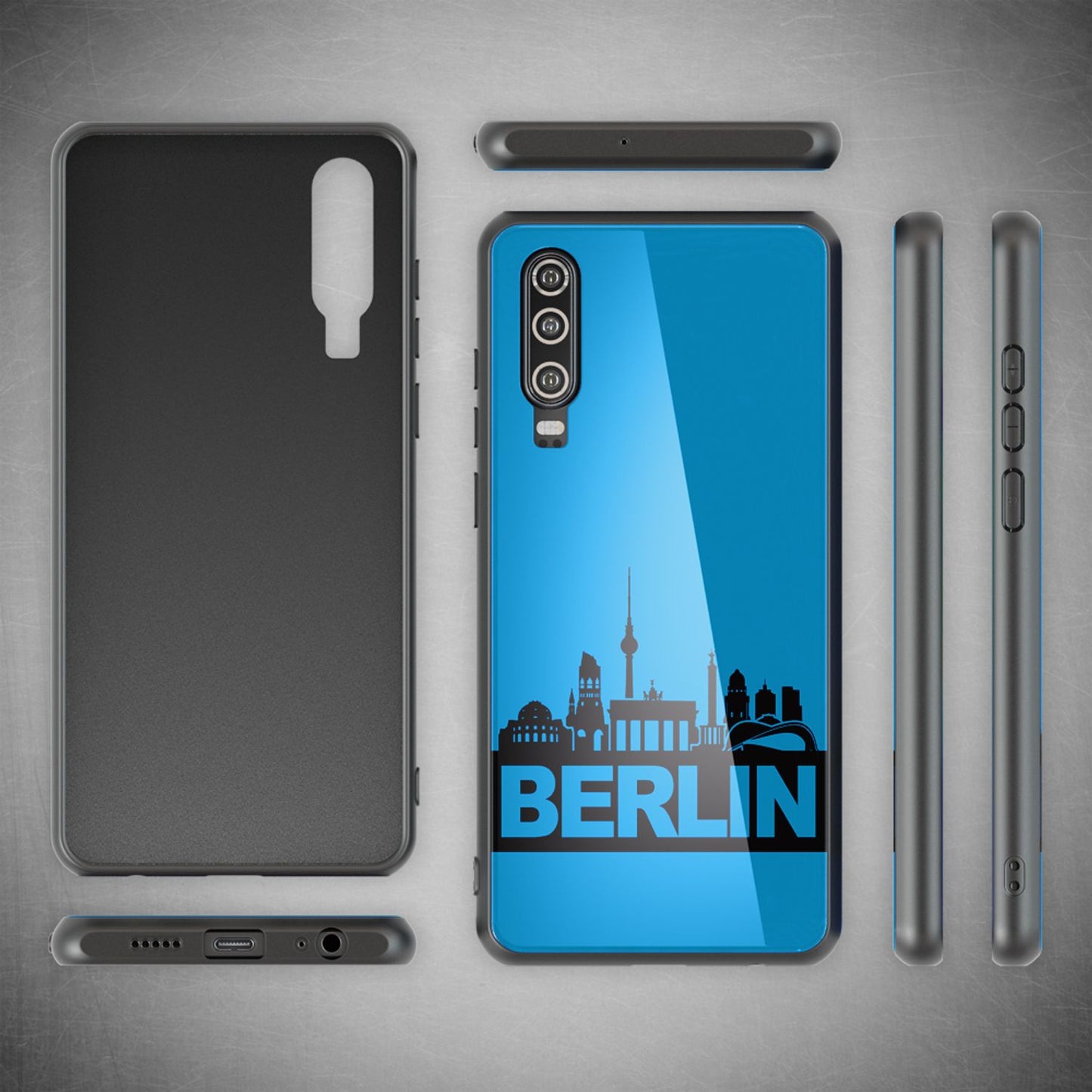NALIA Hartglas Hülle kompatibel mit Huawei P30, Original Berlin Design Motiv Hardcase aus 9H Tempered Glass & Silikon Bumper, Kratzfeste Handyhülle Cover Case