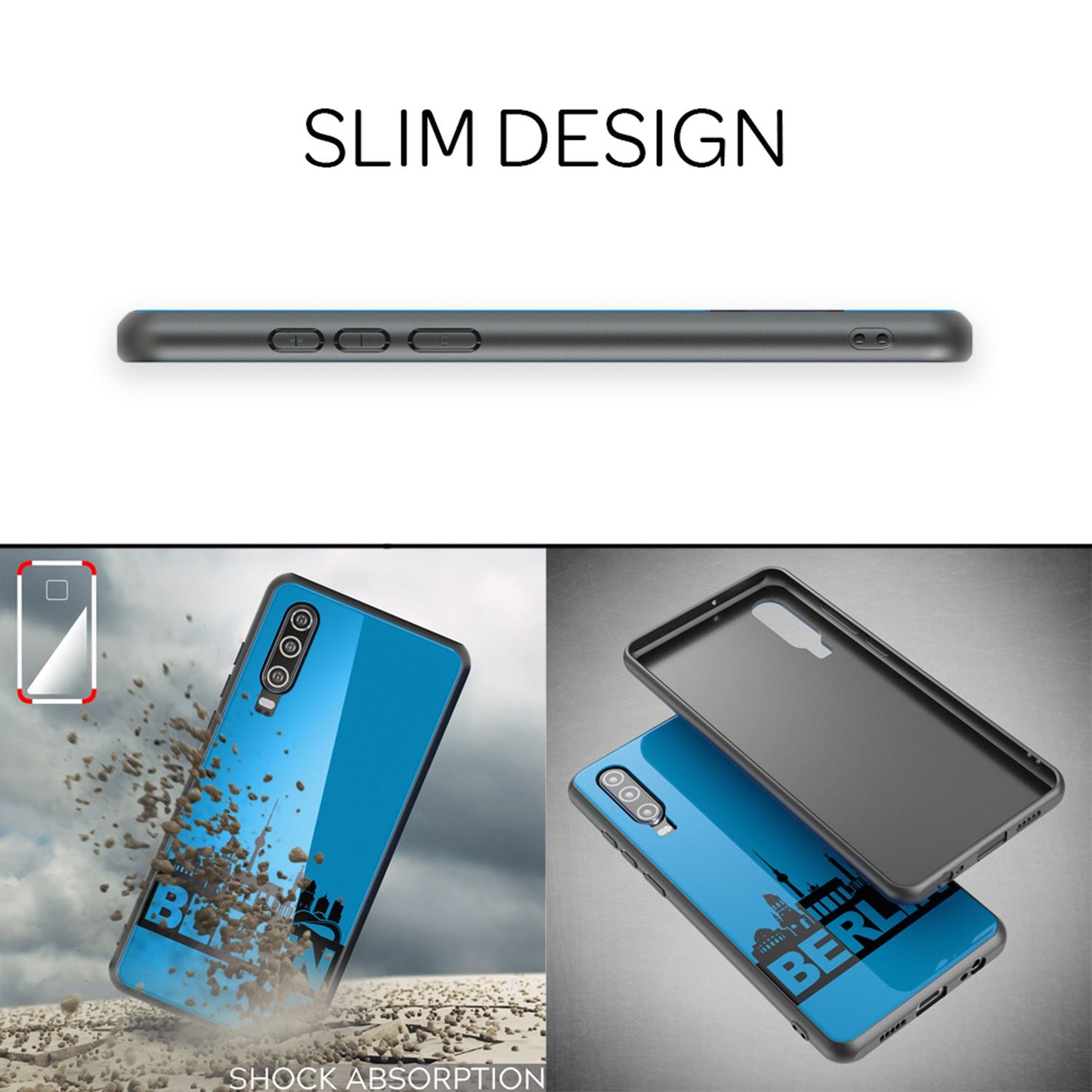 NALIA Hartglas Hülle kompatibel mit Huawei P30, Original Berlin Design Motiv Hardcase aus 9H Tempered Glass & Silikon Bumper, Kratzfeste Handyhülle Cover Case