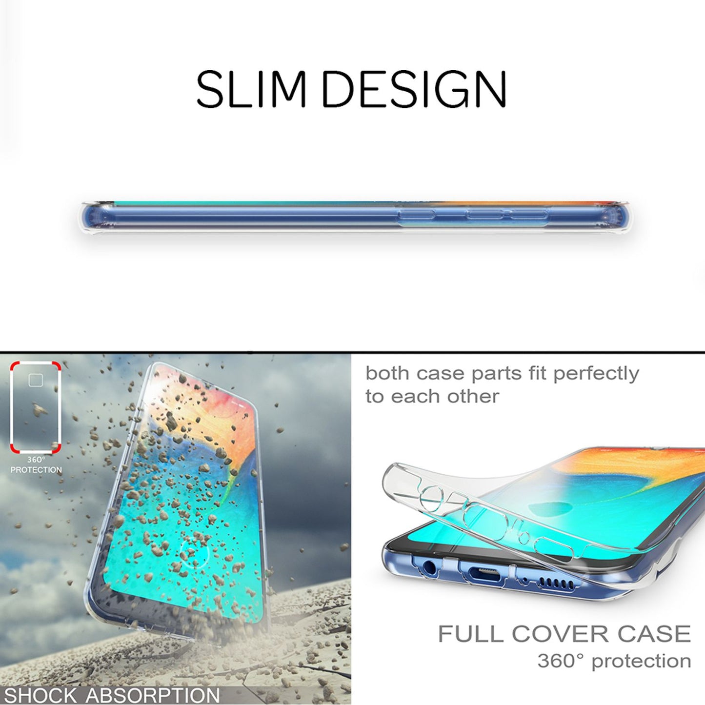 NALIA 360 Grad Handyhülle kompatibel mit Samsung Galaxy A50, Dünne Full-Body Silikon Hülle Rundum Cover Case, Ultra-Slim Schutzhülle Handy-Tasche, Komplett-Schutz & Displayschutz