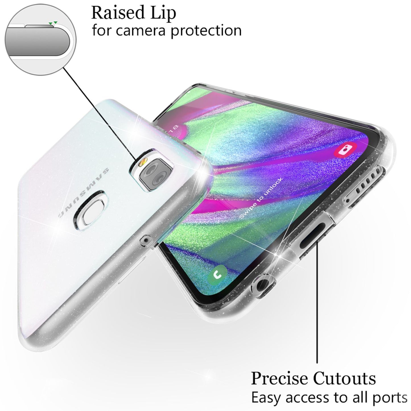NALIA Glitzerhülle für Samsung Galaxy A40 – Funkelndes Silikon Case – DAZZLIN (Transparent & Stoßfest) – Marke aus Berlin
