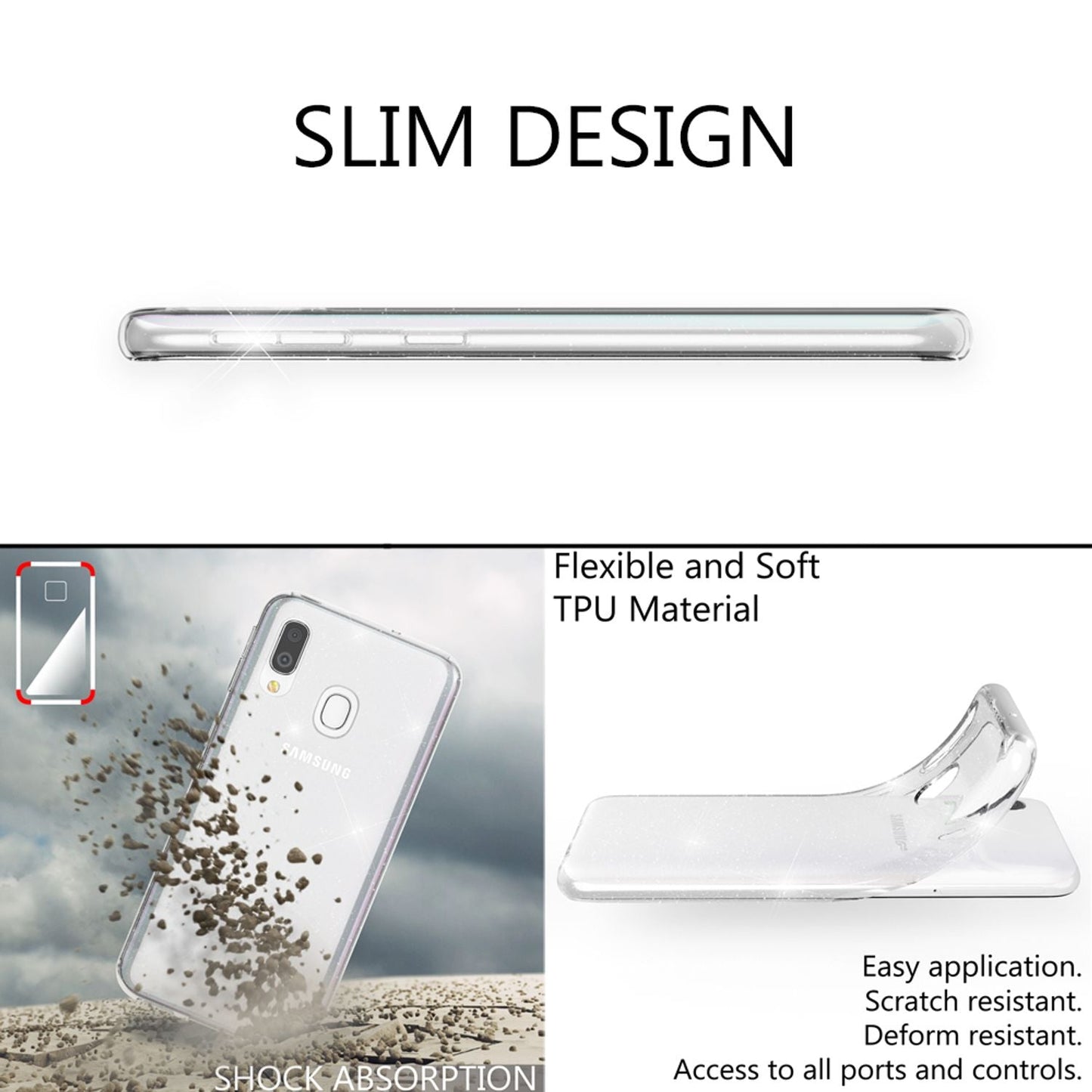 NALIA Glitzerhülle für Samsung Galaxy A20e – Funkelndes Silikon Case – DAZZLIN (Transparent & Stoßfest) – Marke aus Berlin