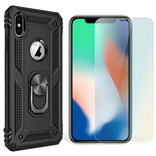 NALIA Ring Hülle + Schutzglas kompatibel mit iPhone X / XS, 9H Displayschutz & 360° Finger-Halter Handyhülle für magnetische KFZ-Halterung, Silikon Cover Etui & Hard-Case Bumper