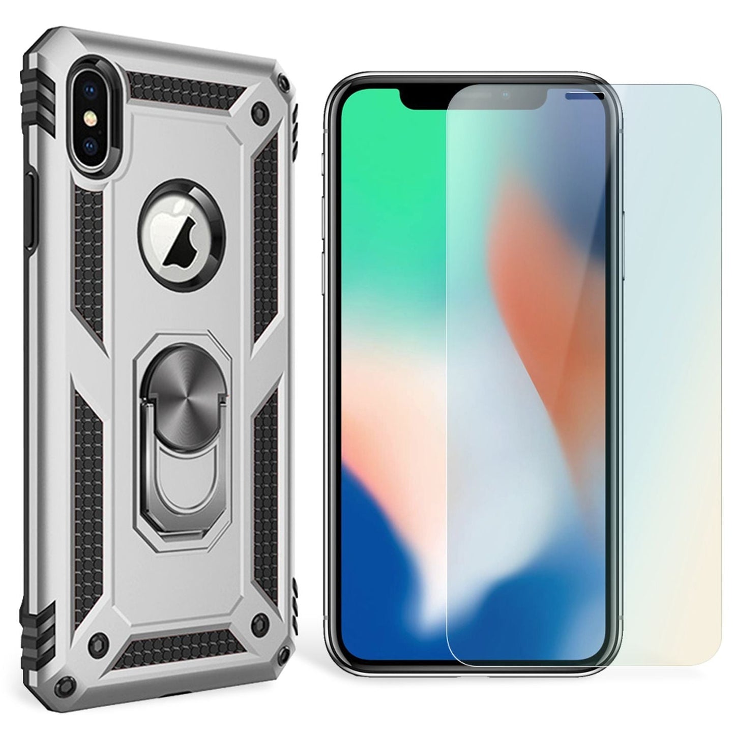 NALIA Ring Hülle + Schutzglas kompatibel mit iPhone X / XS, 9H Displayschutz & 360° Finger-Halter Handyhülle für magnetische KFZ-Halterung, Silikon Cover Etui & Hard-Case Bumper