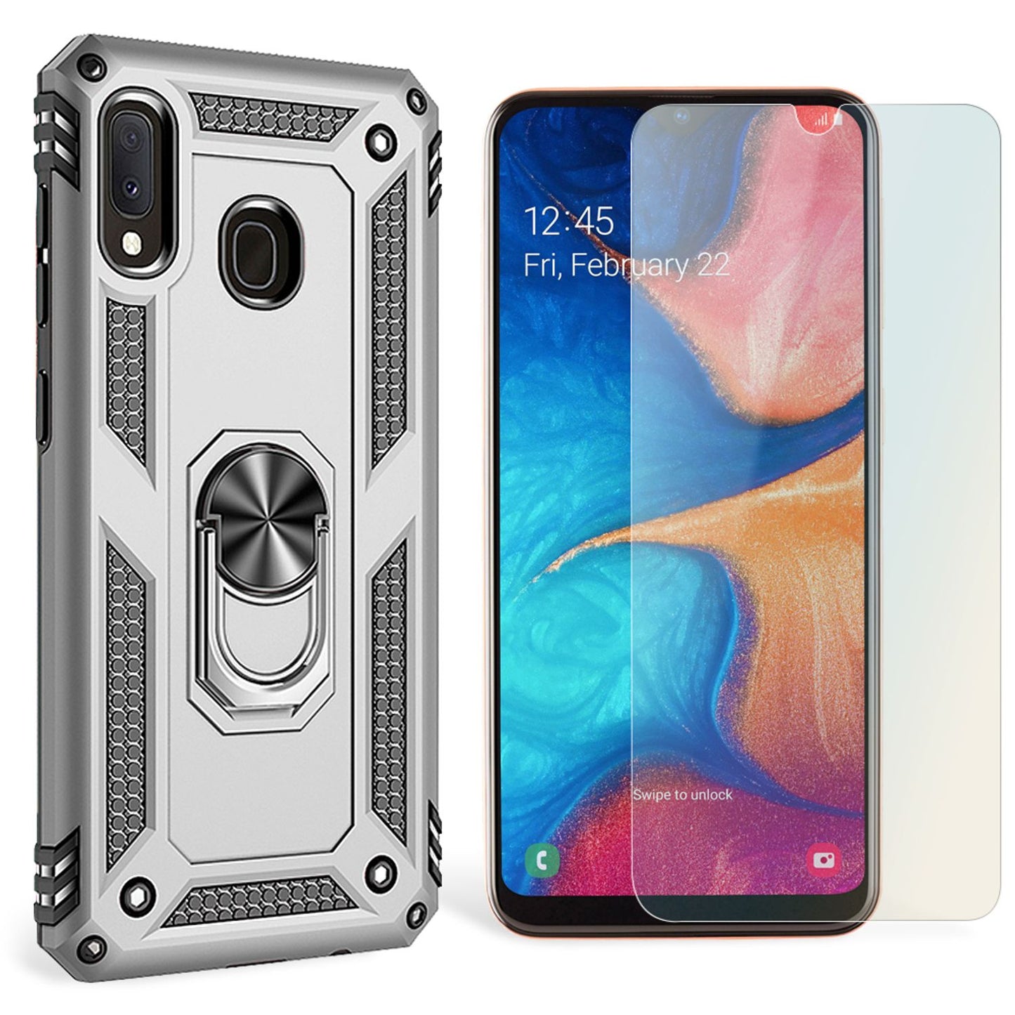 NALIA Ring Hülle + Schutzglas kompatibel mit Samsung Galaxy A20e, 9H Displayschutz & 360° Finger-Halter Handyhülle für magnetische KFZ-Halterung, Silikon Cover & Hard-Case Bumper
