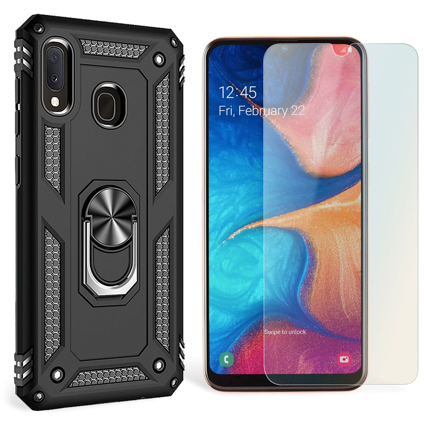 NALIA Ring Hülle + Schutzglas kompatibel mit Samsung Galaxy A20e, 9H Displayschutz & 360° Finger-Halter Handyhülle für magnetische KFZ-Halterung, Silikon Cover & Hard-Case Bumper