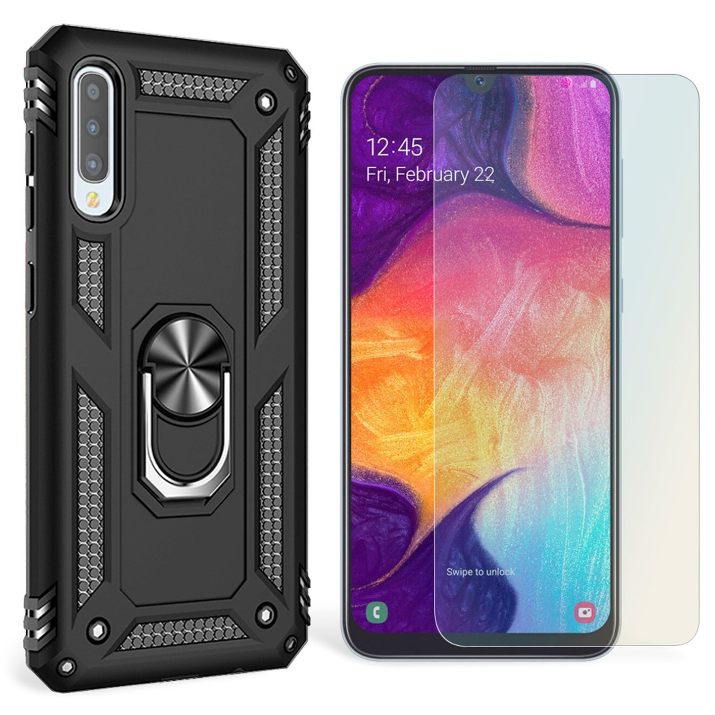 NALIA Ring Hülle + Schutzglas kompatibel mit Samsung Galaxy A50, 9H Displayschutz & 360° Finger-Halter Handyhülle für magnetische KFZ-Halterung, Silikon Cover & Hard-Case Bumper