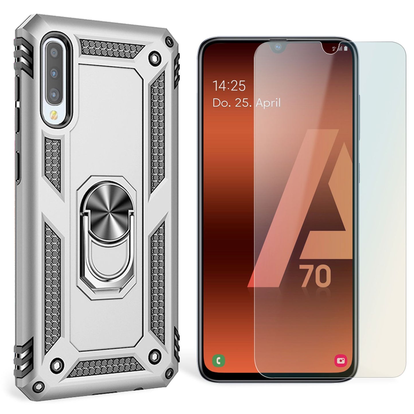 NALIA Ring Hülle + Schutzglas kompatibel mit Samsung Galaxy A70, 9H Displayschutz & 360° Finger-Halter Handyhülle für magnetische KFZ-Halterung, Silikon Cover & Hard-Case Bumper