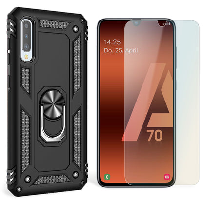 NALIA Ring Hülle + Schutzglas kompatibel mit Samsung Galaxy A70, 9H Displayschutz & 360° Finger-Halter Handyhülle für magnetische KFZ-Halterung, Silikon Cover & Hard-Case Bumper