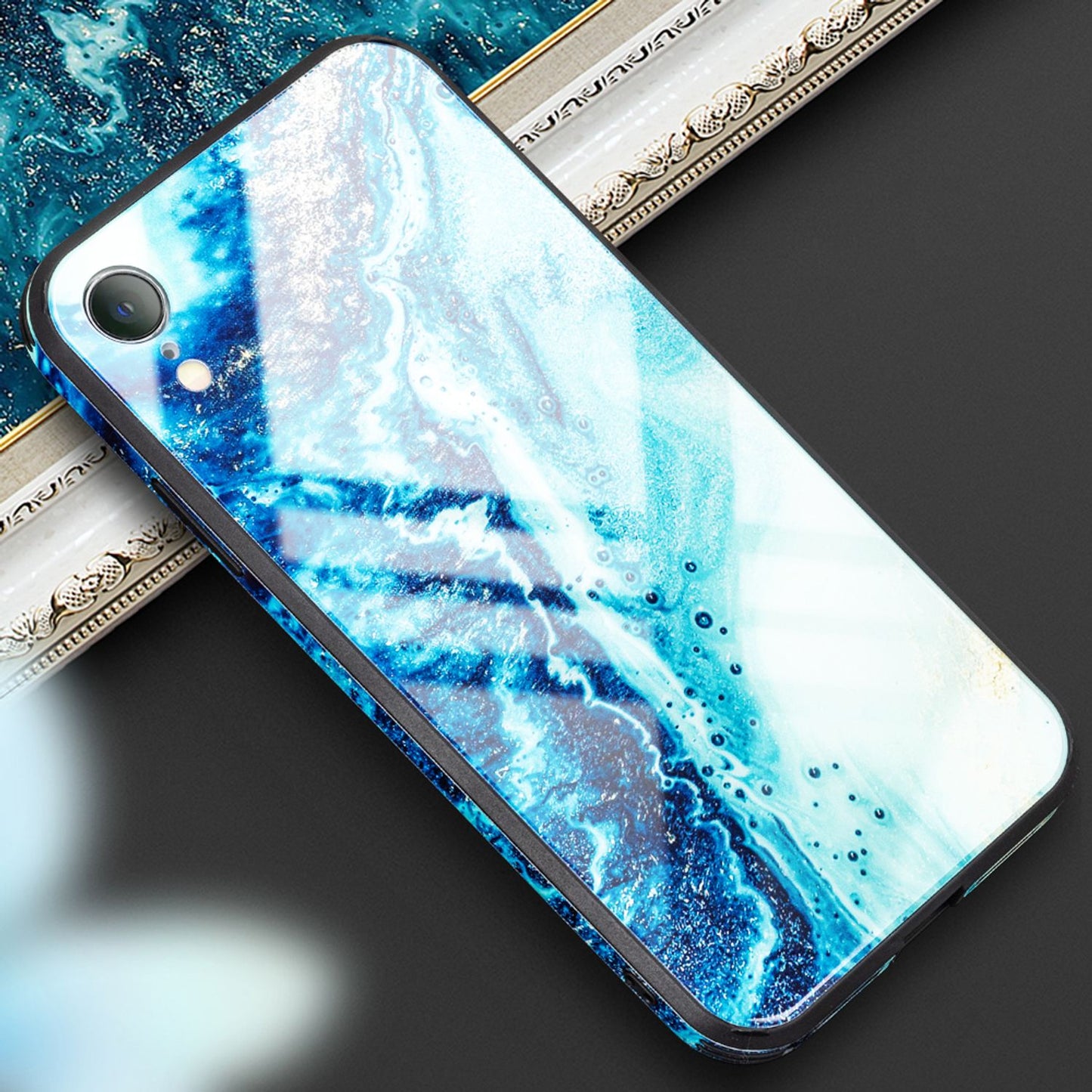 NALIA Hartglas Hülle kompatibel mit iPhone XR, Marmor Design Hard-Case aus 9H Tempered Glass & Silikon Bumper, Kratzfeste Motiv Handyhülle Phone Cover Schutzhülle Handy-Tasche