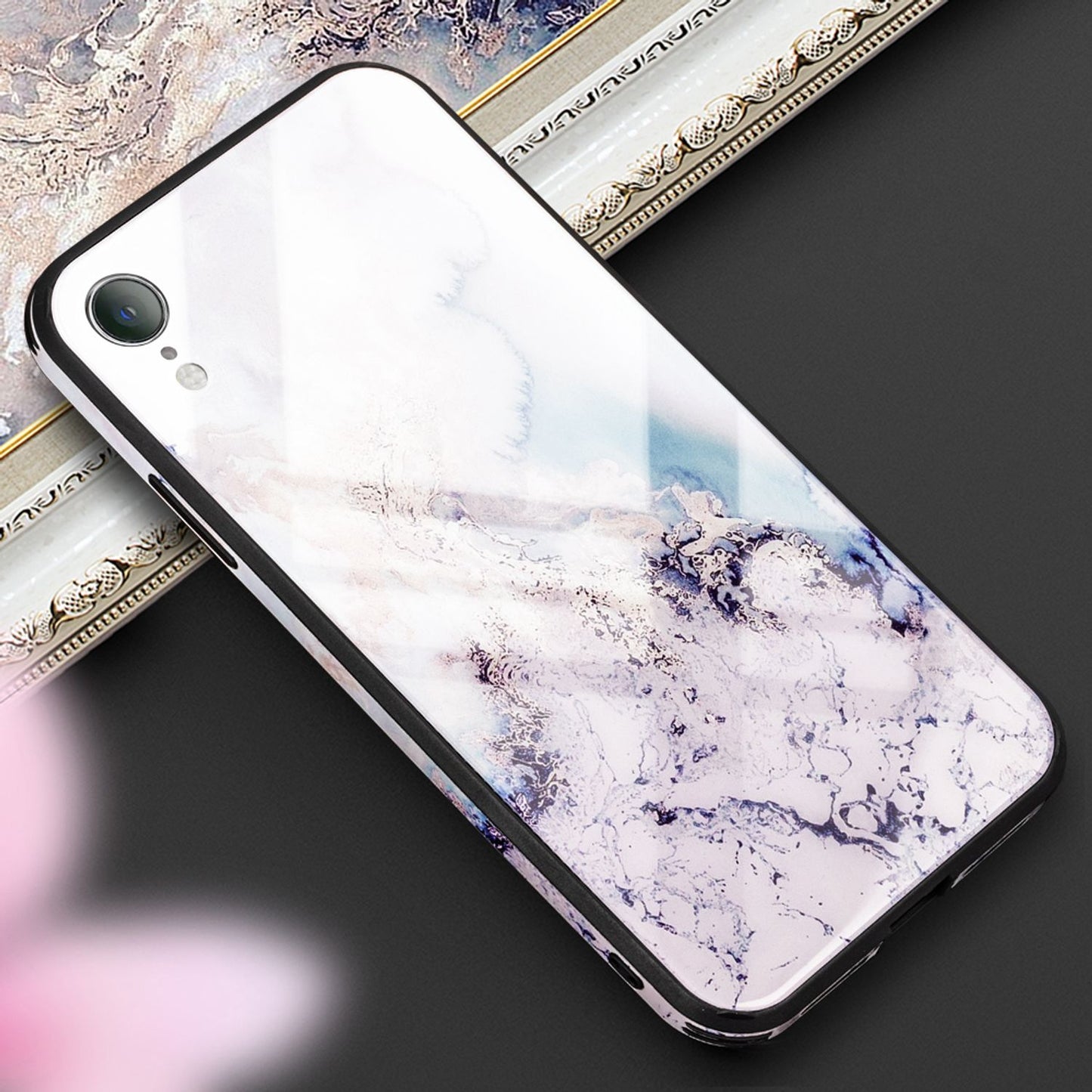 NALIA Hartglas Hülle kompatibel mit iPhone XR, Marmor Design Hard-Case aus 9H Tempered Glass & Silikon Bumper, Kratzfeste Motiv Handyhülle Phone Cover Schutzhülle Handy-Tasche